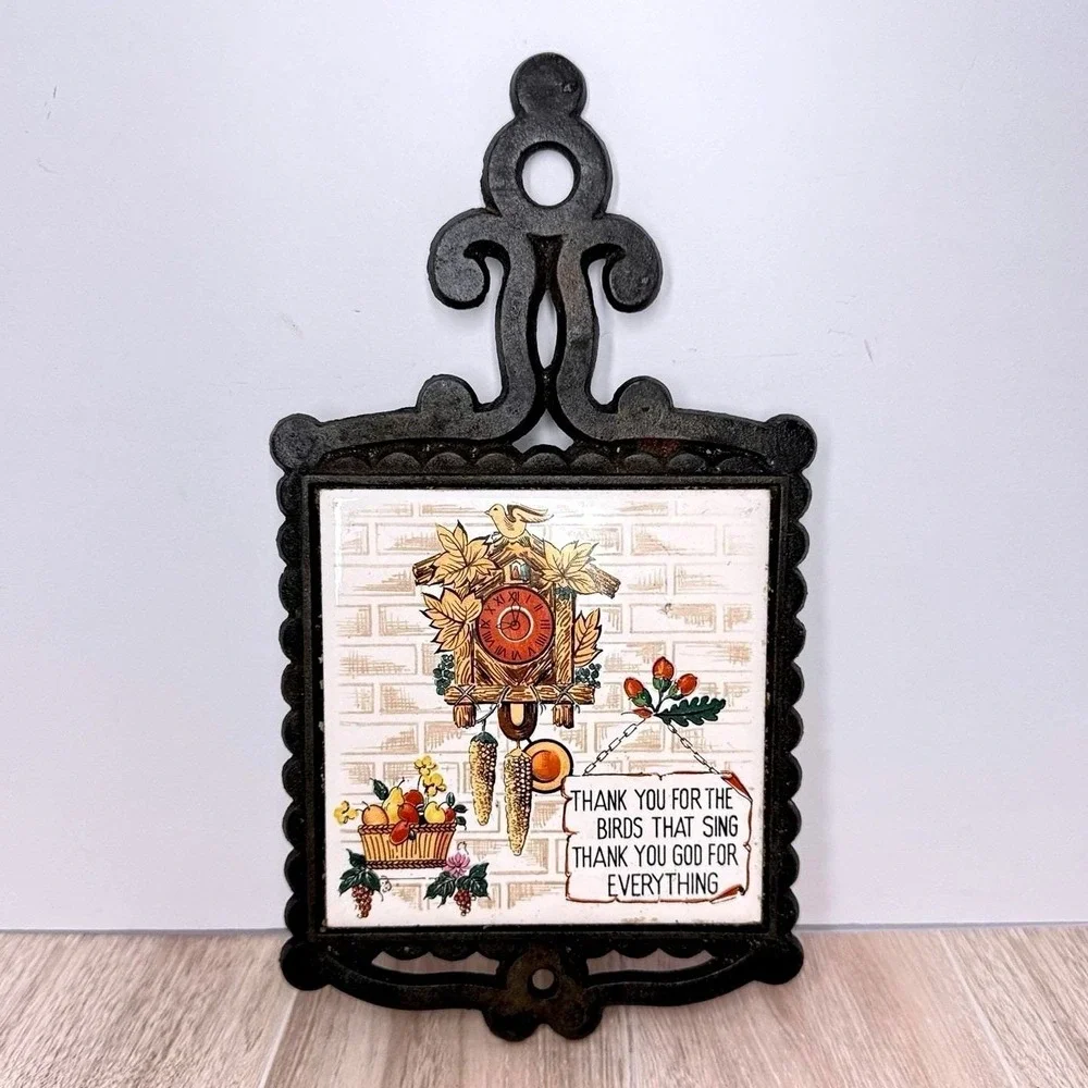 Vintage Cast‎ Iron Trivet Wall Hanging Tile Thank You For Everything Birds